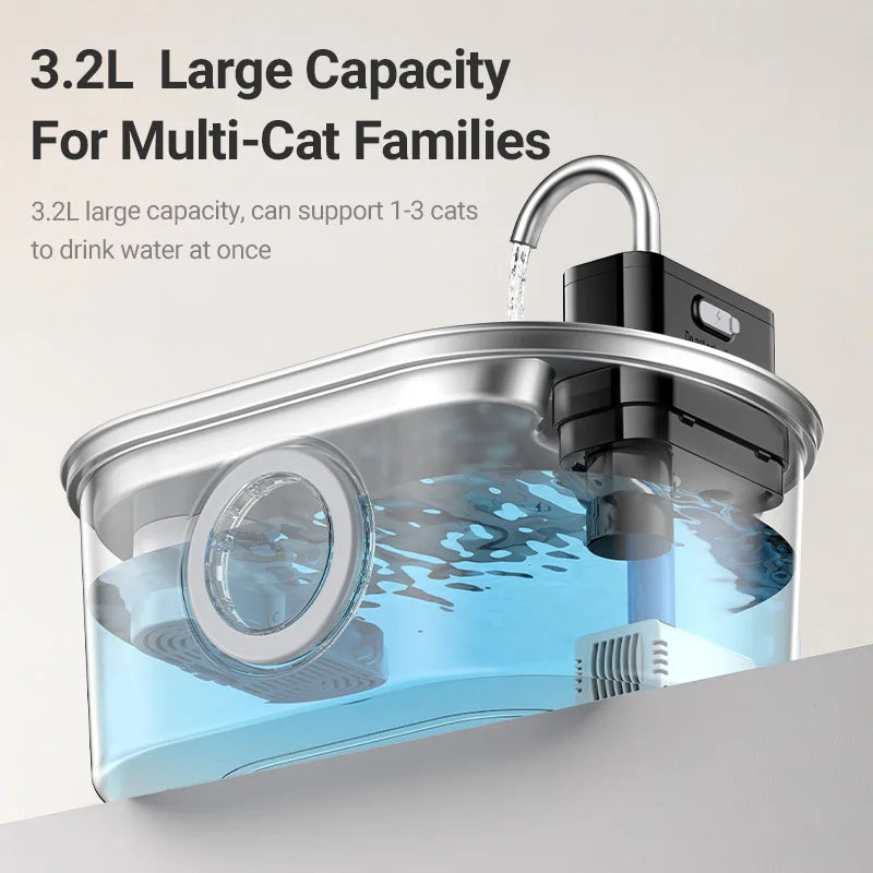 AquaLens™ – 3.2L Stainless Steel Pet Fountain with Clear Water Window